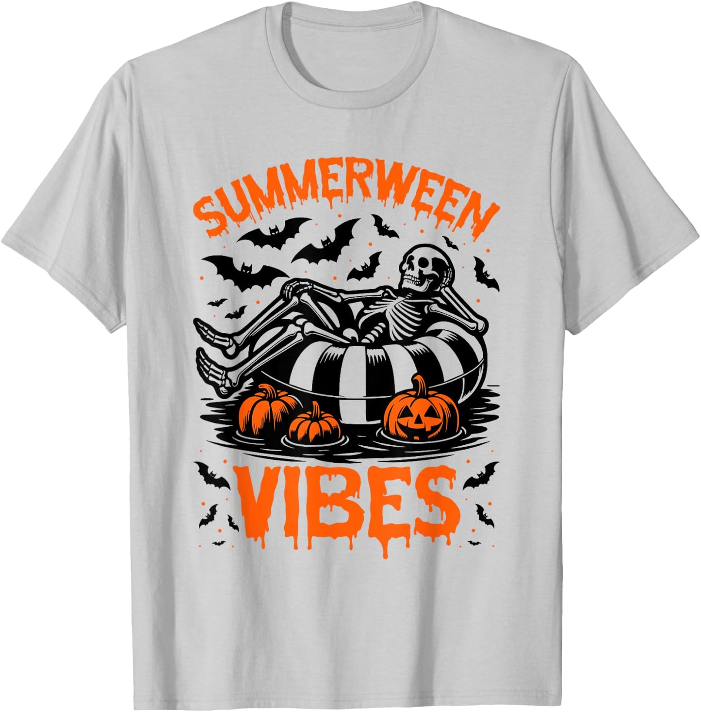 Summerween Vibes Skeleton Float Summer Halloween T-Shirt - T-Shirt | Ash