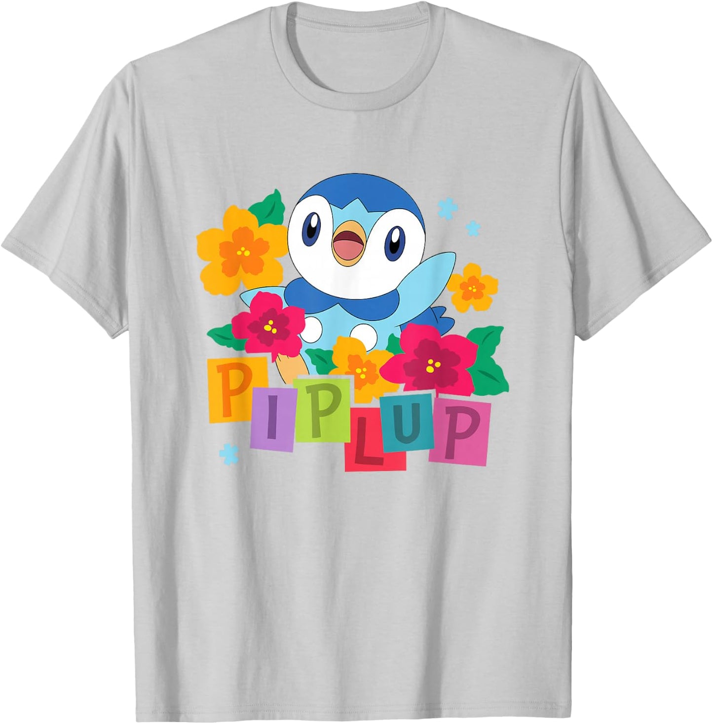 Pokémon Cute Happy Piplup Big Chest Colorful Floral Poster T-Shirt - T-Shirt | Ash