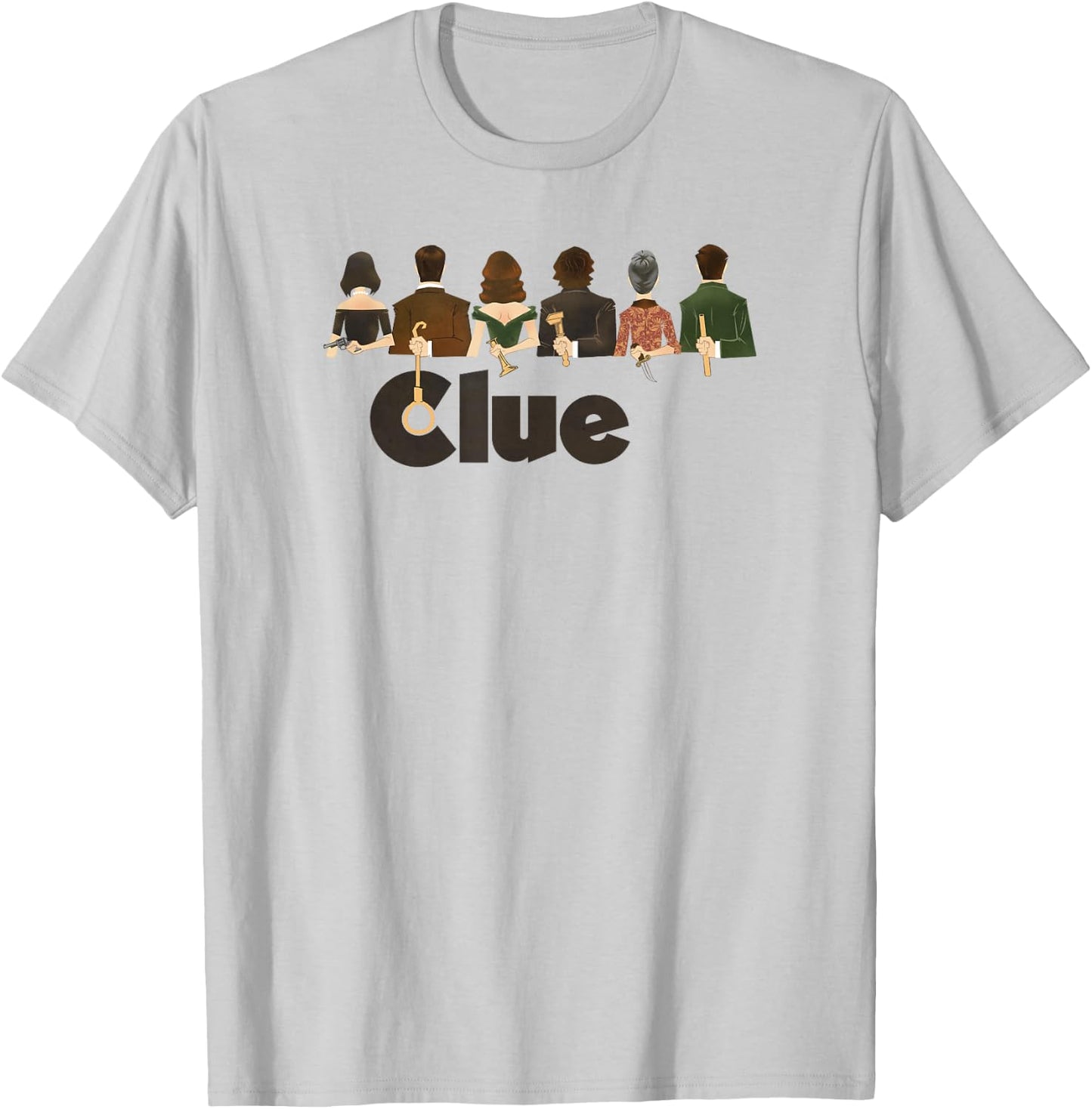 Clue Characters Hiding Their Weapons On Their Backs Lineup T-Shirt - T-Shirt | Ash