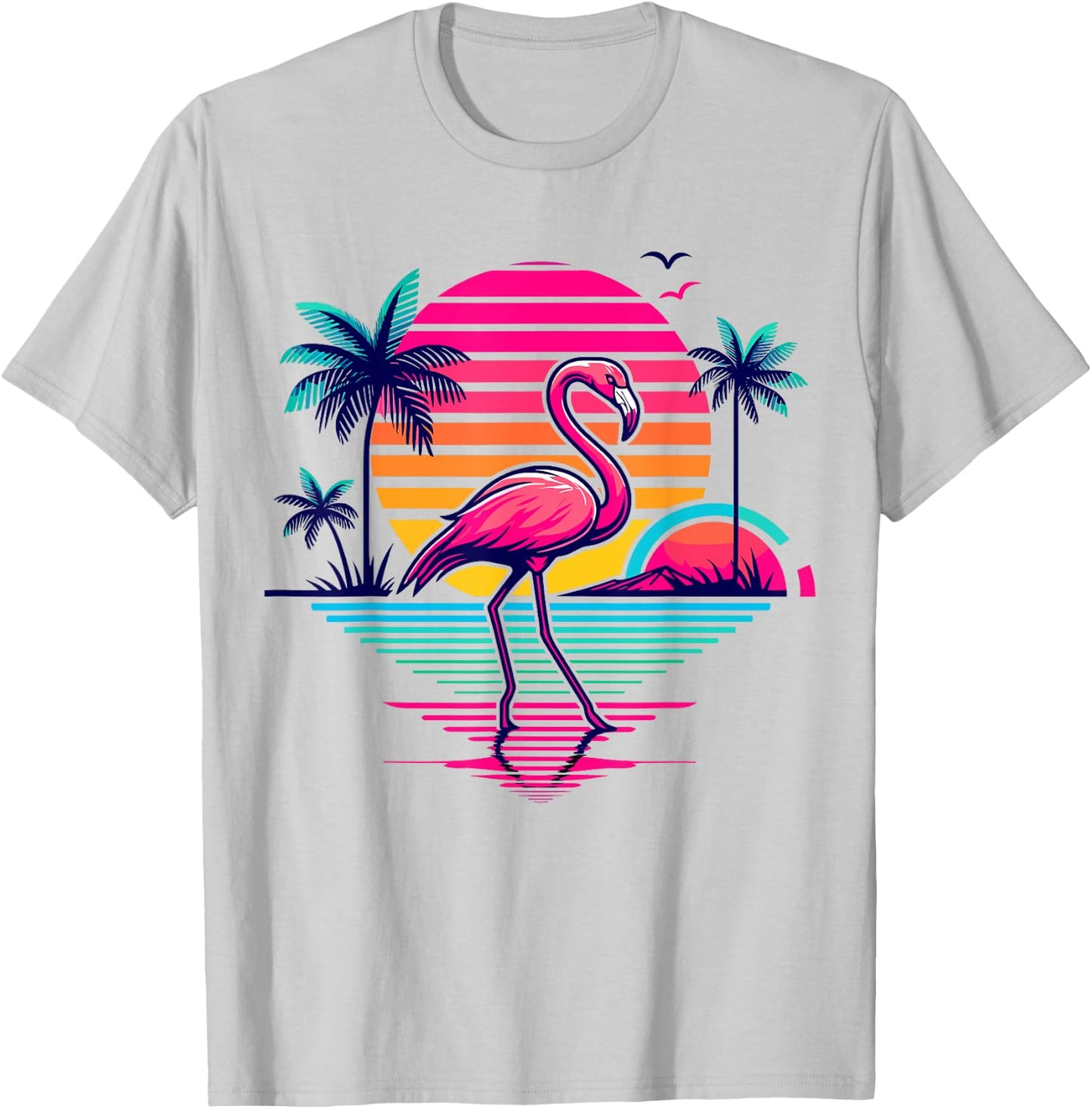 Flamingo Beach Summer Palm Trees Tropical Summer Women Girls Kids T-Shirt - T-Shirt | Ash
