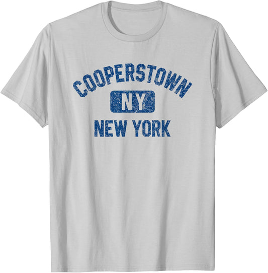 Cooperstown NY New York Gym Style Distressed Dark Plue Print T-Shirt - T-Shirt | Ash