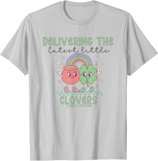 Retro Labor and Delivery Nurse St Patrick's Day Shamrocks T-Shirt - T-Shirt | Ash