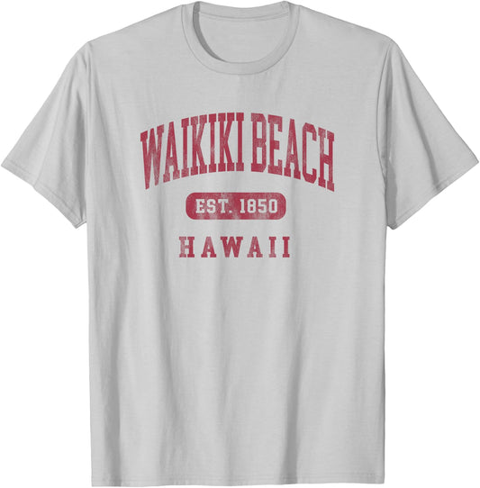 Waikiki Beach Hawaii Vintage Established 1850 Beach Souvenir T-Shirt - T-Shirt | Ash