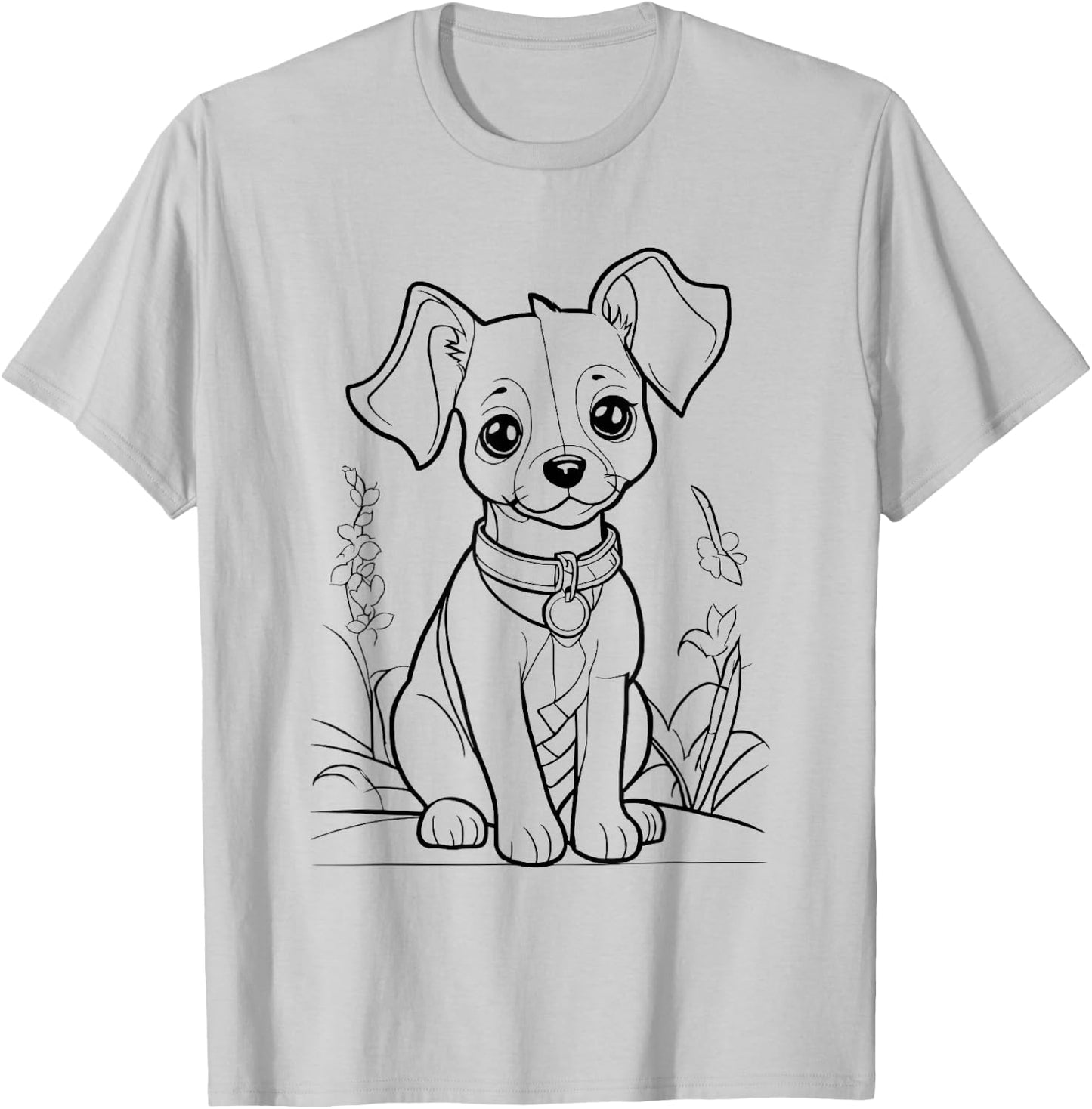 Cute Dog in Flower Field for Colouring with Textile Pens DIY T-Shirt - T-Shirt | Ash