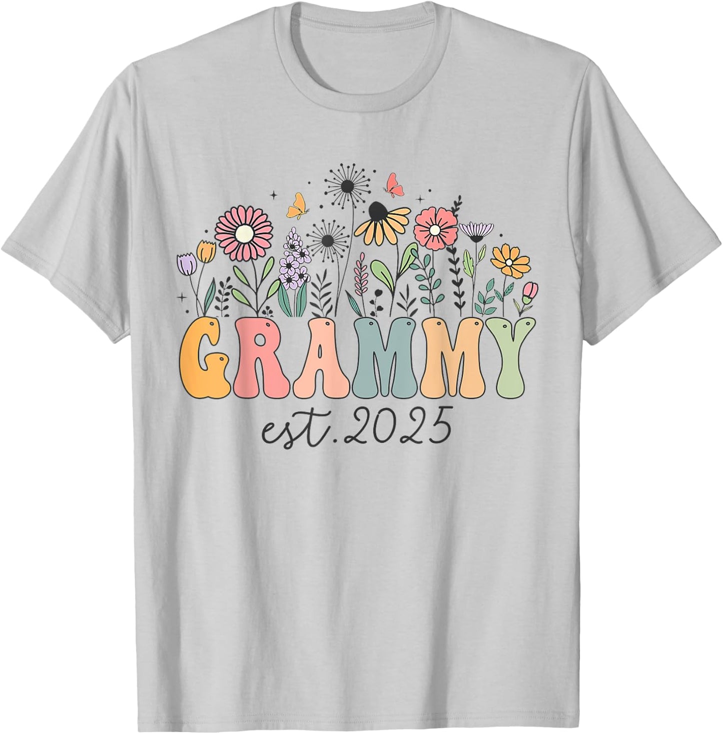 Grammy Est. 2025 Floral Groovy Retro Hippie Wildflower T-Shirt - T-Shirt | Ash