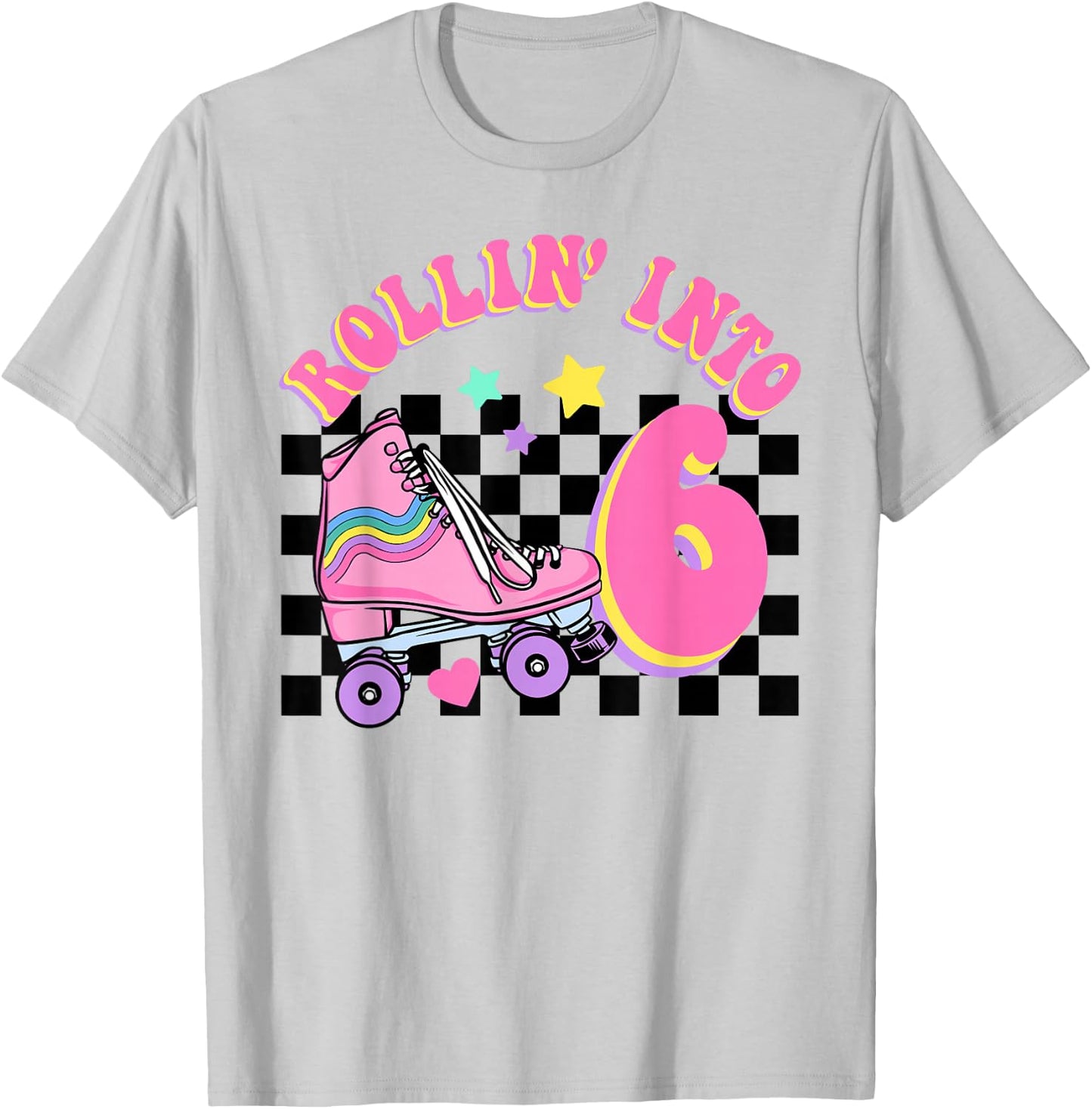 Rolling Into 6 Years Old Skater Groovy Birthday Girls Kids T-Shirt - T-Shirt | Ash