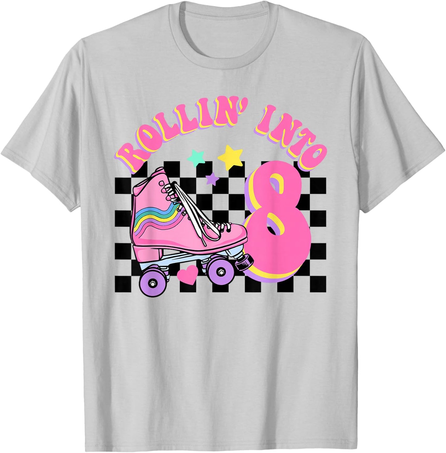 Rolling Into 8 Years Old Skater Groovy Birthday Girls Kids T-Shirt - T-Shirt | Ash