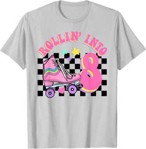 Rolling Into 8 Years Old Skater Groovy Birthday Girls Kids T-Shirt - T-Shirt | Ash