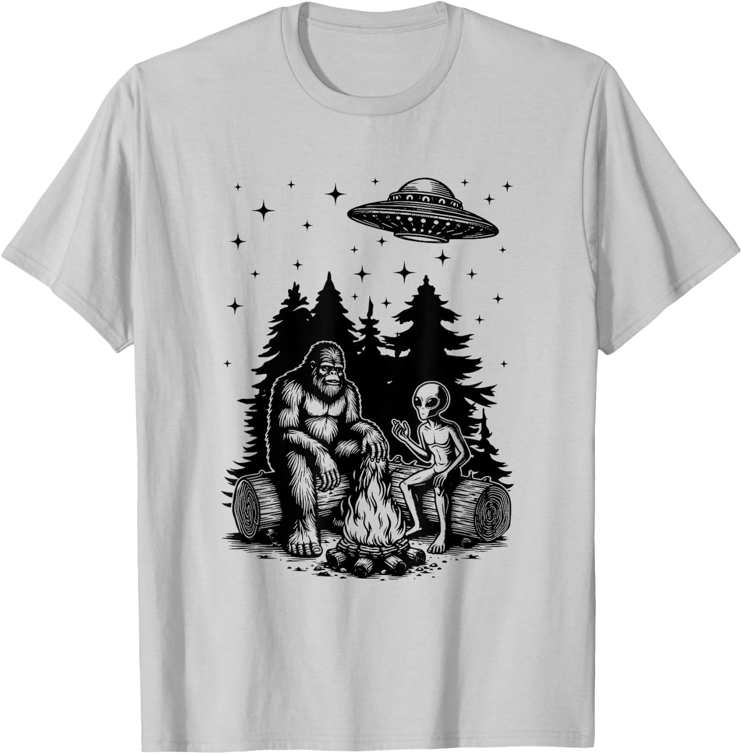Alien And Bigfoot Campfire Sasquatch UFO For Outdoor Lovers T-Shirt - T-Shirt | Ash