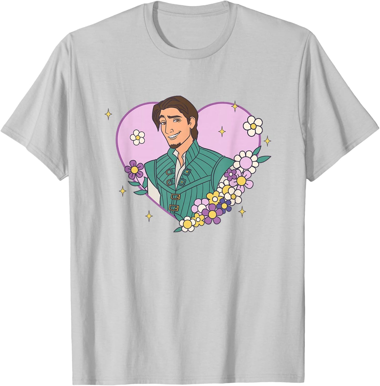 Disney Tangled Valentine's Day Flynn Floral Hear Shape Logo T-Shirt - T-Shirt | Ash