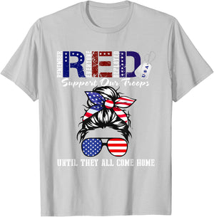 On Friday We Wear Red Military Support Troops Red US Flag T-Shirt - T-Shirt | Ash
