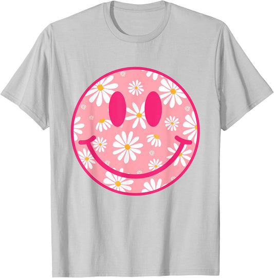 Retro Pink Happy Face Checkered Pattern Smile Face Trendy T-Shirt - T-Shirt | Ash