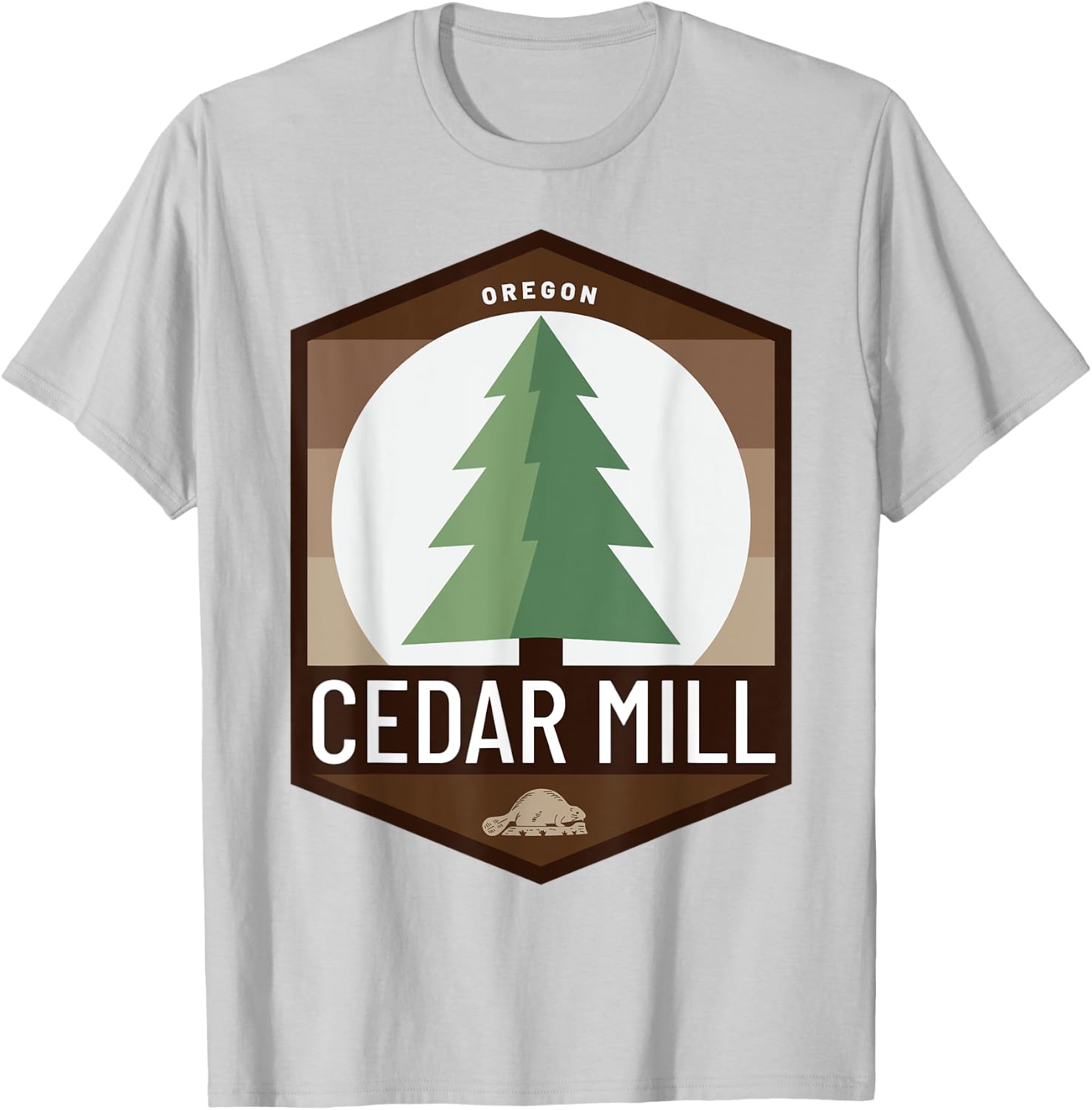 Cedar Mill Oregon OR Douglas Fir Tree Beaver Pine Badge T-Shirt - T-Shirt | Ash