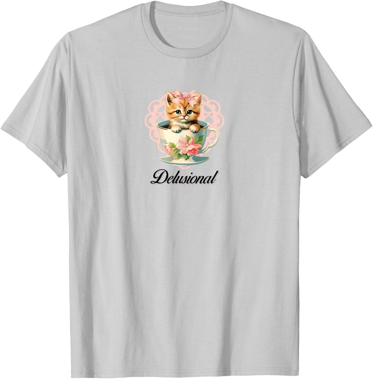 Delusional Coquette Cat Kitten Pink Bow Ribbon Y2K Aesthetic T-Shirt - T-Shirt | Ash