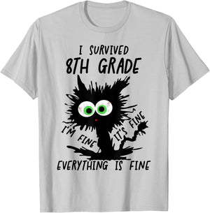 I Survived 8th Grade I'm fine Cat 2026 Eighth Grade Grad T-Shirt - T-Shirt | Ash
