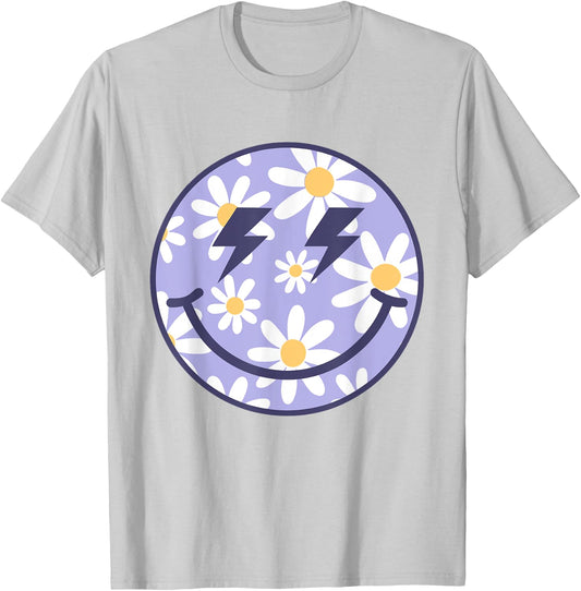Retro Purple Happy Face Checkered Pattern Smile Face Trendy T-Shirt - T-Shirt | Ash