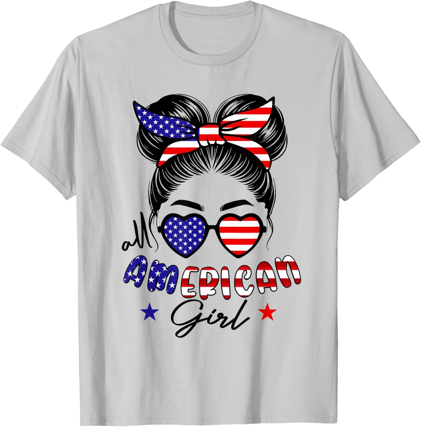 All american girl 4th of july women messy bun usa flag T-Shirt - T-Shirt | Ash