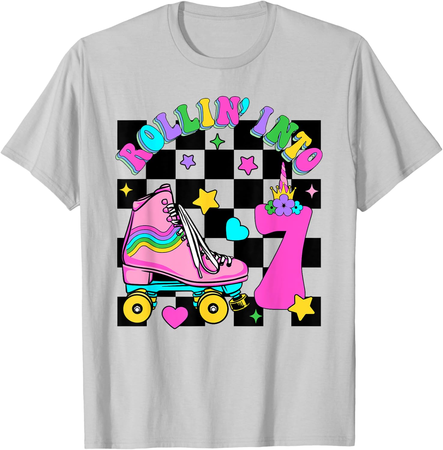 Rolling Into 7 Years Old Skater 7th Birthday Kids Girls T-Shirt - T-Shirt | Ash