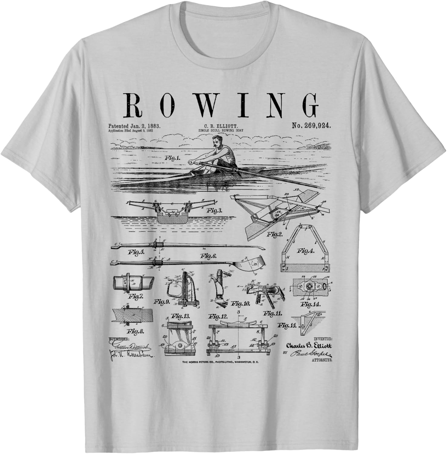 Rowing Sport Rower Sculling Single Scull Boat Vintage Patent T-Shirt - T-Shirt | Ash