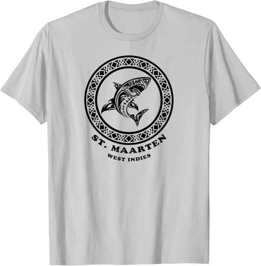 St. Maarten, West Indies Vintage Retro Tribal Shark Vacation T-Shirt - T-Shirt | Ash