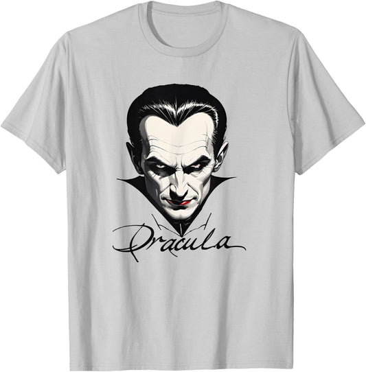 Bram Stoker Vampire Novel Character Dracula Portrait and Signature T-Shirt - T-Shirt | Ash