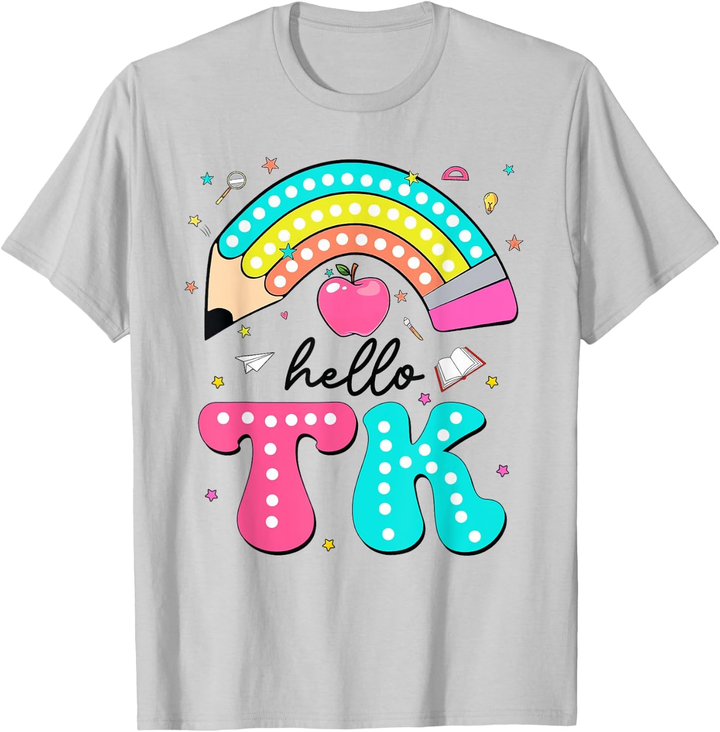 Hello TK Colorful Pencil Rainbow Back To School T-Shirt - T-Shirt | Ash