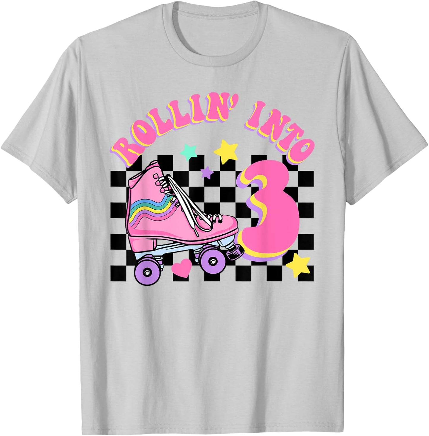 Rolling Into 3 Years Old Skater Groovy Birthday Girls Kids T-Shirt - T-Shirt | Ash