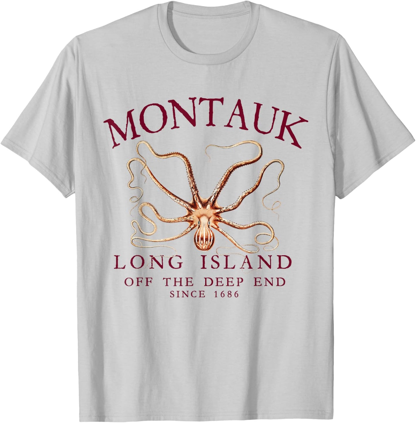 Montauk LI Off The Deep End Kraken Octopus Fishing Burgundy T-Shirt - T-Shirt | Ash