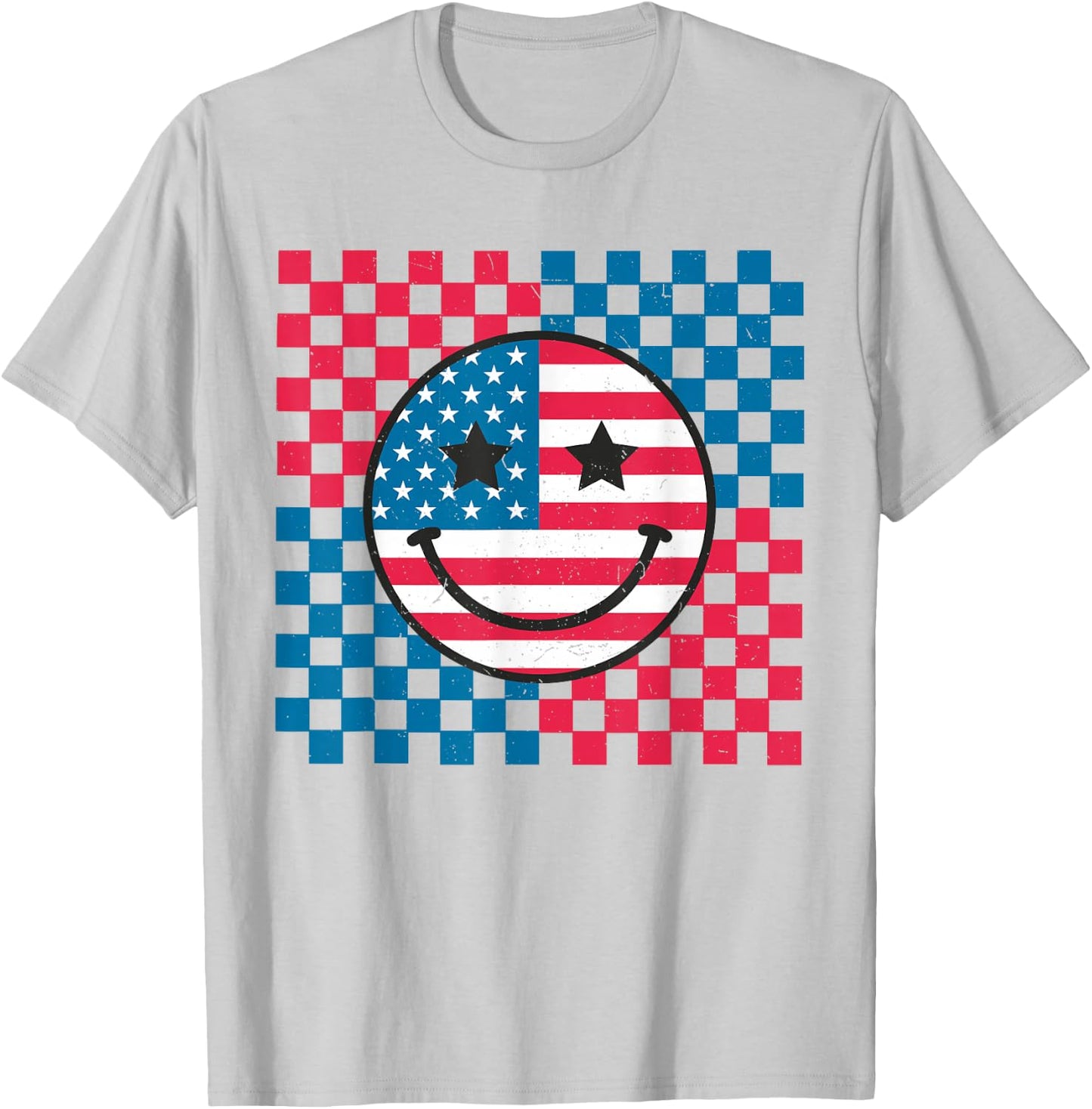 USA Checkerboard 4th Of July Happy Face American Girls Kids Men T-Shirt - T-Shirt | Ash
