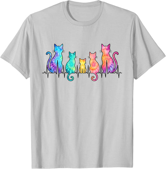 Cute Multicolor Cat Pulse ECG Graphic Feline Lover Design T-Shirt - T-Shirt | Ash