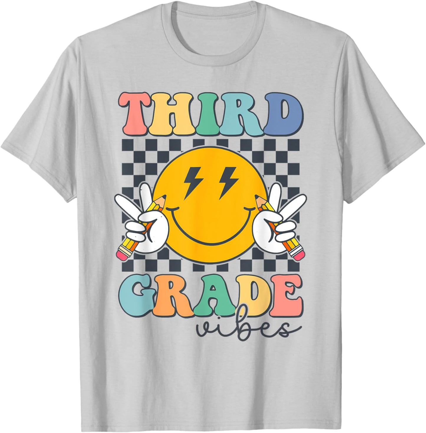 Third Grade Vibes Cute Smile Back To School Groovy Teacher T-Shirt - T-Shirt | Ash