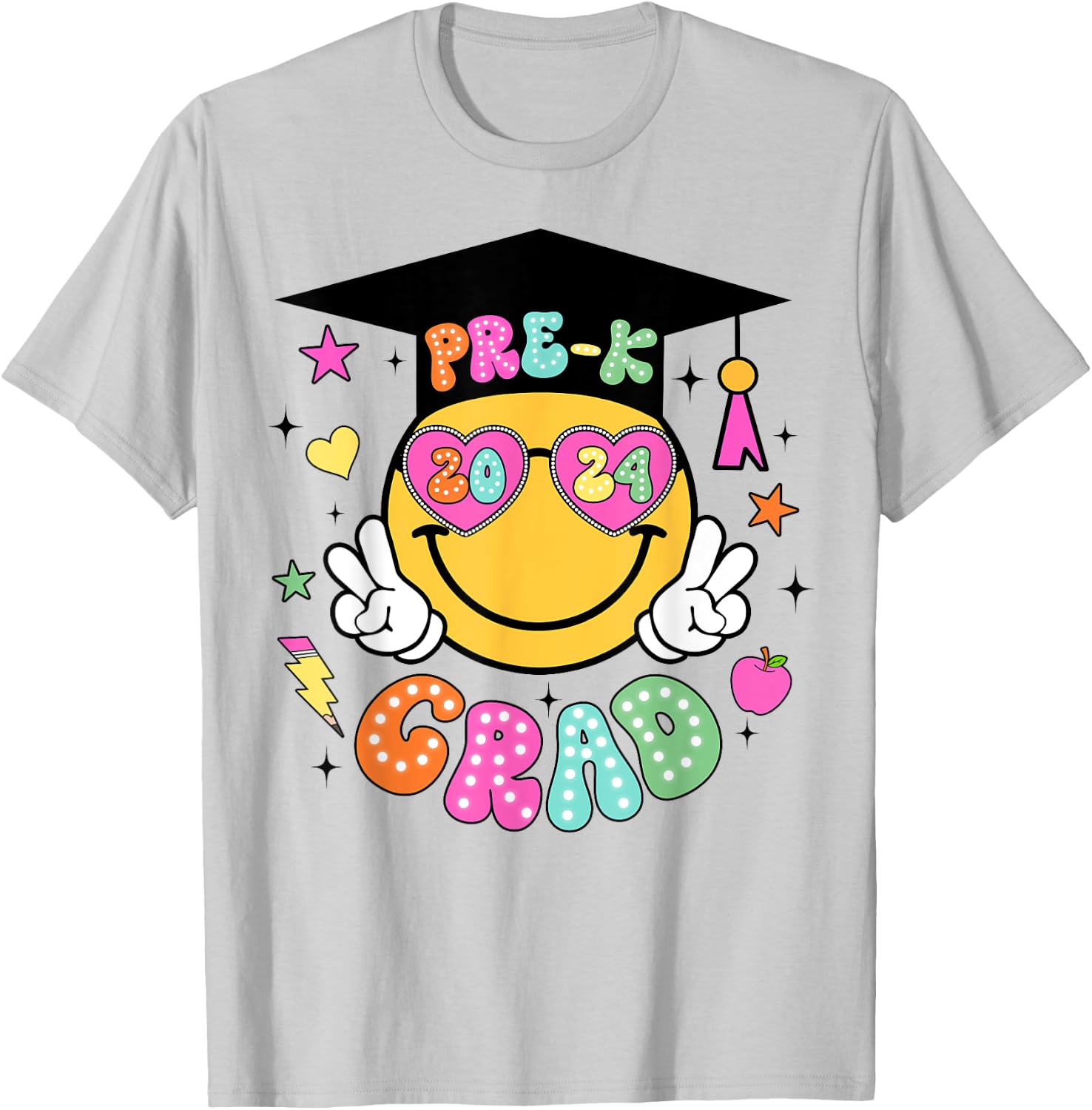Groovy Pre-K Graduate Happy Face Graduation 2024 Grad T-Shirt - T-Shirt | Ash