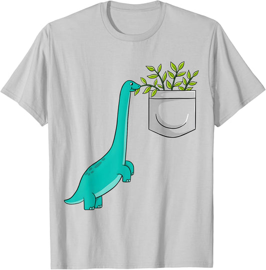 Cute Dinosaur Plants In Pocket Funny Pocket Dinosaur T-Shirt - T-Shirt | Ash