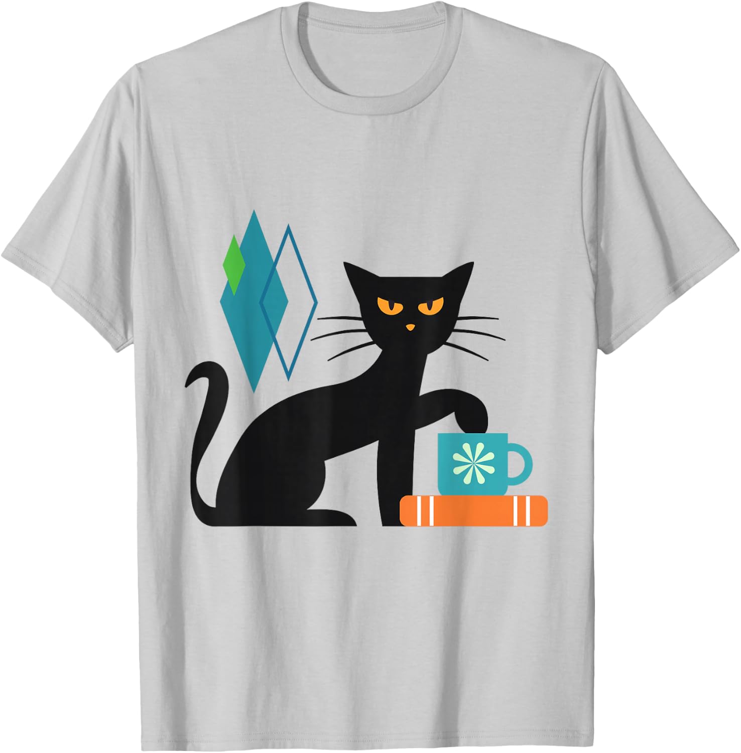 Cat Midcentury With Book and Coffee Atomic Age Mid Century T-Shirt - T-Shirt | Ash