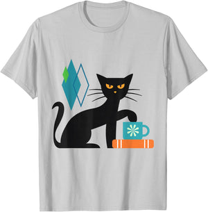 Cat Midcentury With Book and Coffee Atomic Age Mid Century T-Shirt - T-Shirt | Ash