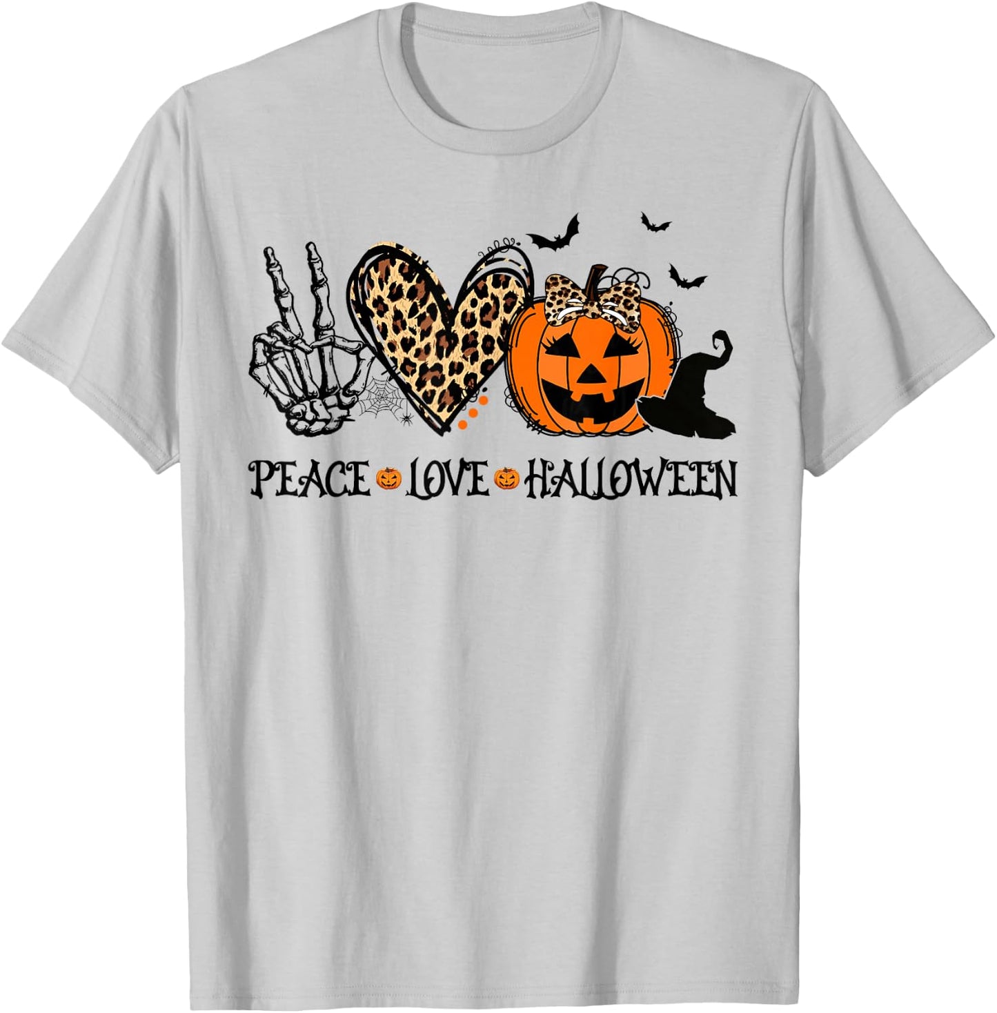 Peace Love Halloween Happy Halloween Pumpkin Leopard Heart T-Shirt - T-Shirt | Ash