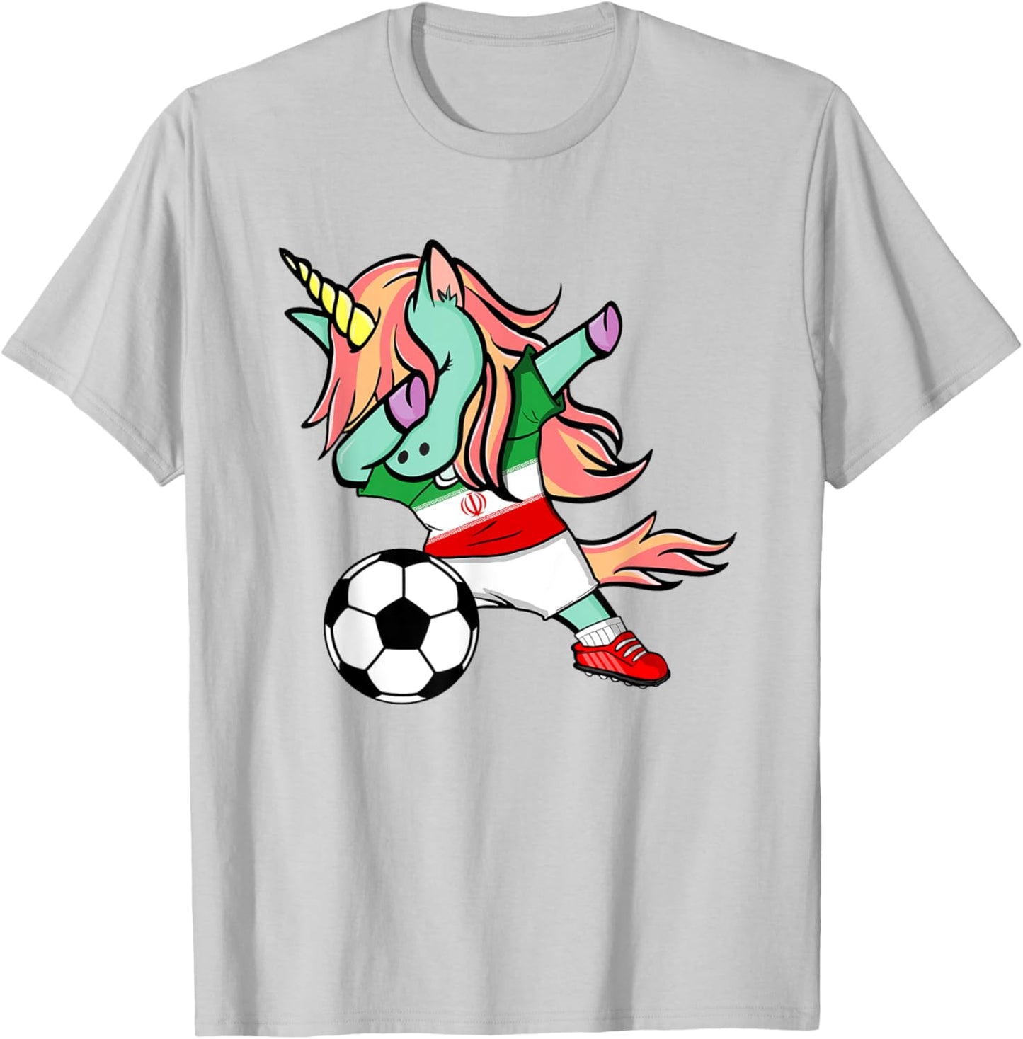 Funny Dabbing Unicorn Iran Football Team Iranian Flag Pride T-Shirt - T-Shirt | Ash