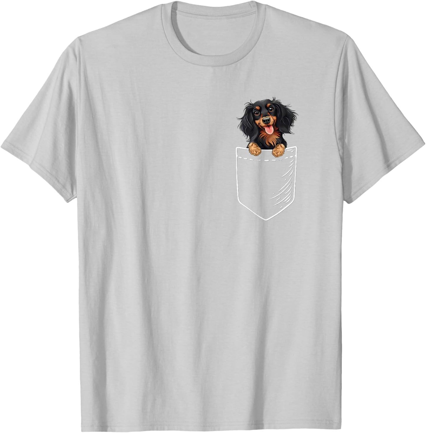 Funny Pocket Black Long Haired Dachshund Lover T-Shirt - T-Shirt | Ash