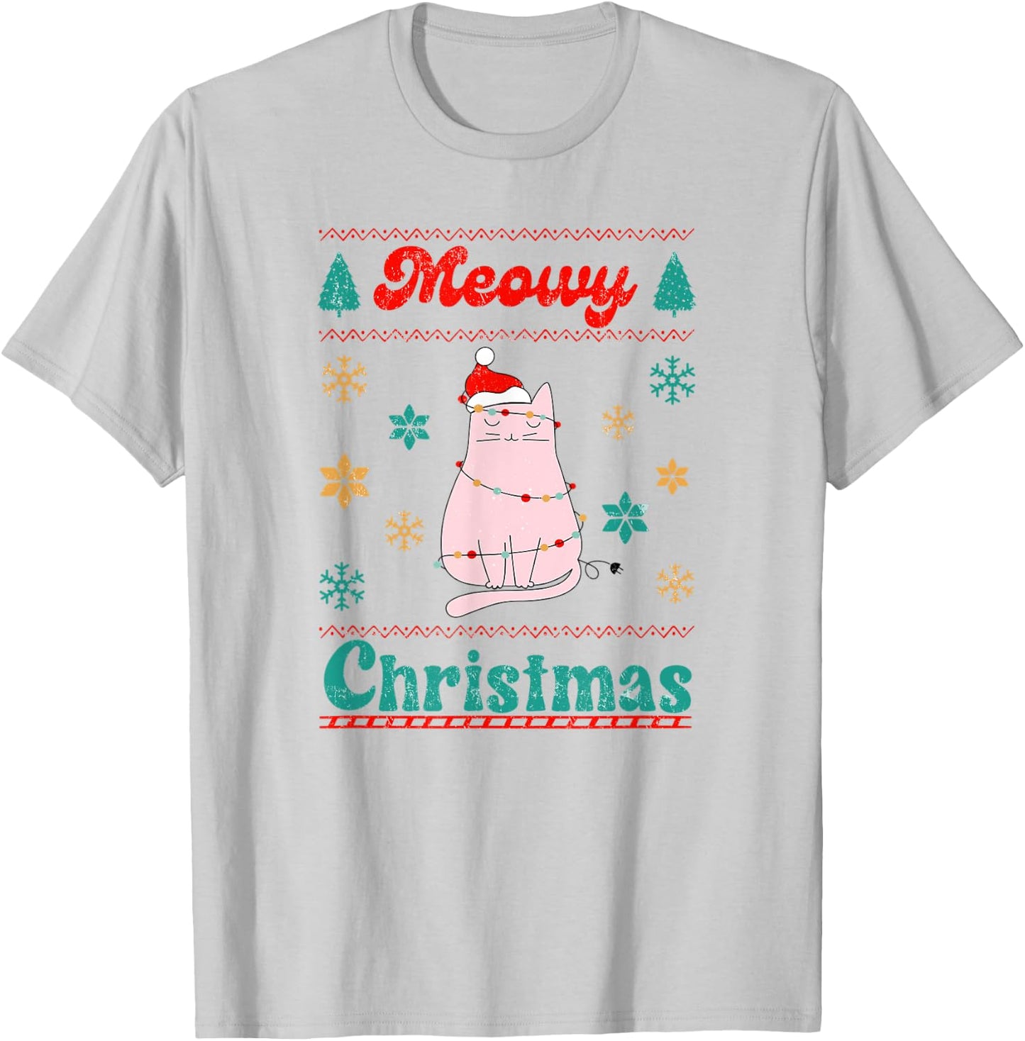 Meowy Catmas Christmas Cat in Santa Hat & Christmas Lights T-Shirt - T-Shirt | Ash