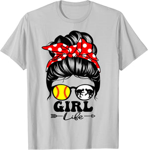 Girl Life Messy Bun Hair Funny Wrestling Softball Player T-Shirt - T-Shirt | Ash
