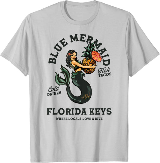 Florida Keys Tiki Bar Mermaid Shirt Pin Up Beach Mermaids T-Shirt - T-Shirt | Ash