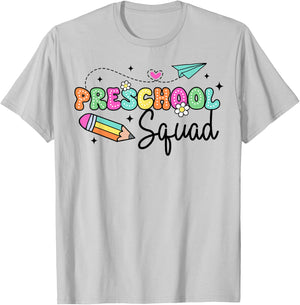 Preschool Squad Student Teacher Back To School Groovy T-Shirt - T-Shirt | Ash