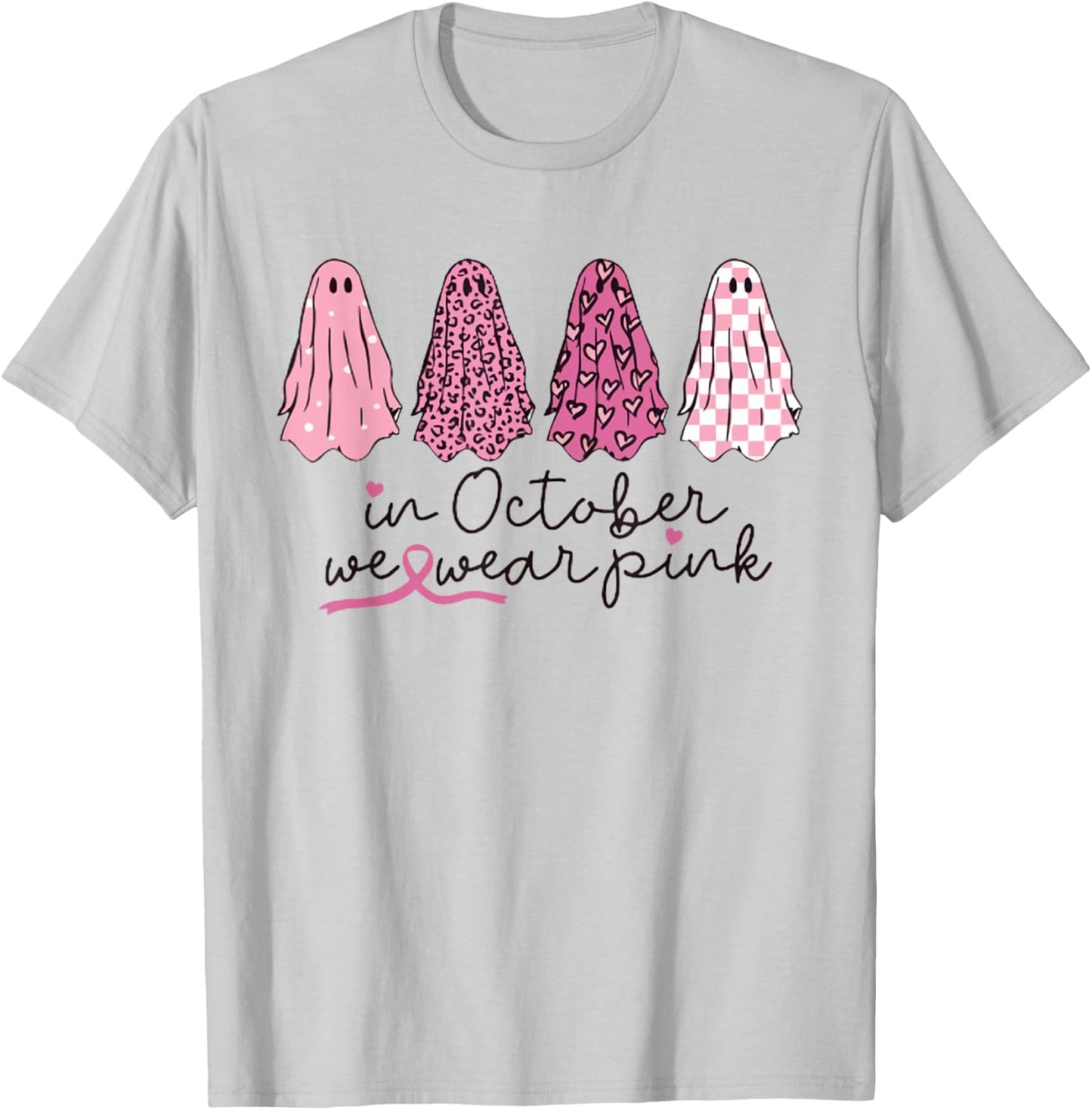 Women In October We Wear Pink Wizard Ghosts Breast Cancer T-Shirt - T-Shirt | Ash