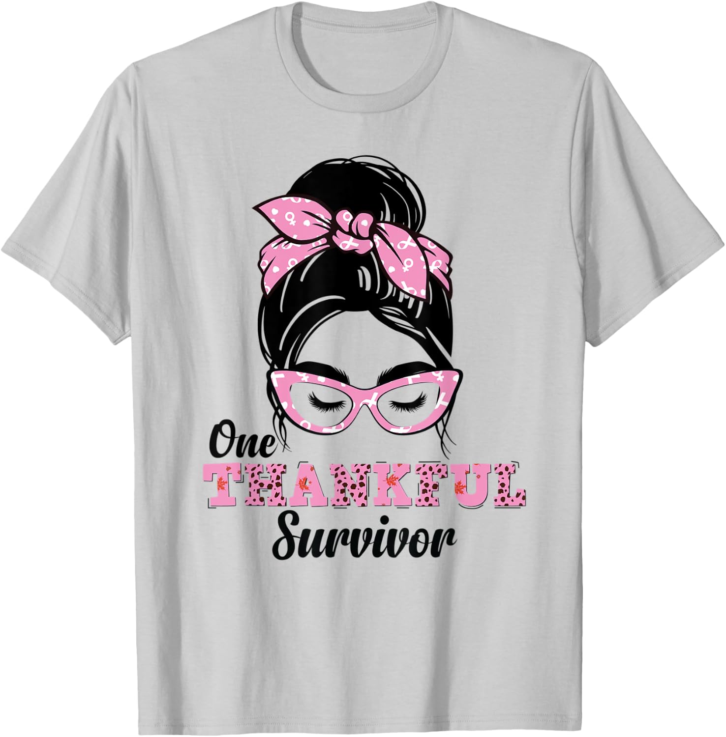 One Thankful Survivor Messy Bun Breast Cancer Awareness T-Shirt - T-Shirt | Ash