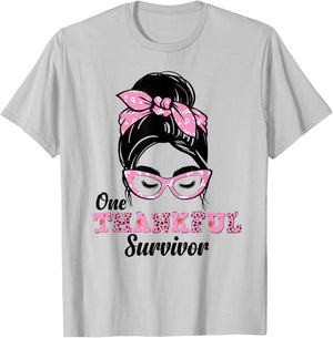 One Thankful Survivor Messy Bun Breast Cancer Awareness T-Shirt - T-Shirt | Ash