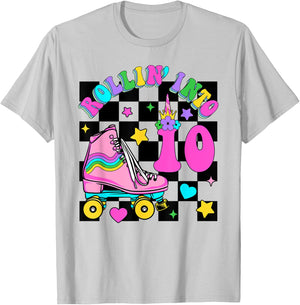 Rolling Into 10 Years Old Skater 10th Birthday Kids Girls T-Shirt - T-Shirt | Ash