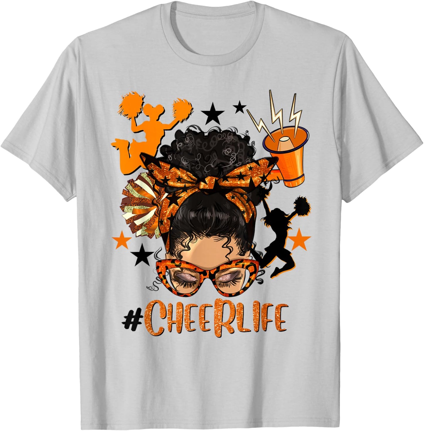 Cheer Life Messy Bun Brunette Orange Black Cheerleading Team T-Shirt - T-Shirt | Ash