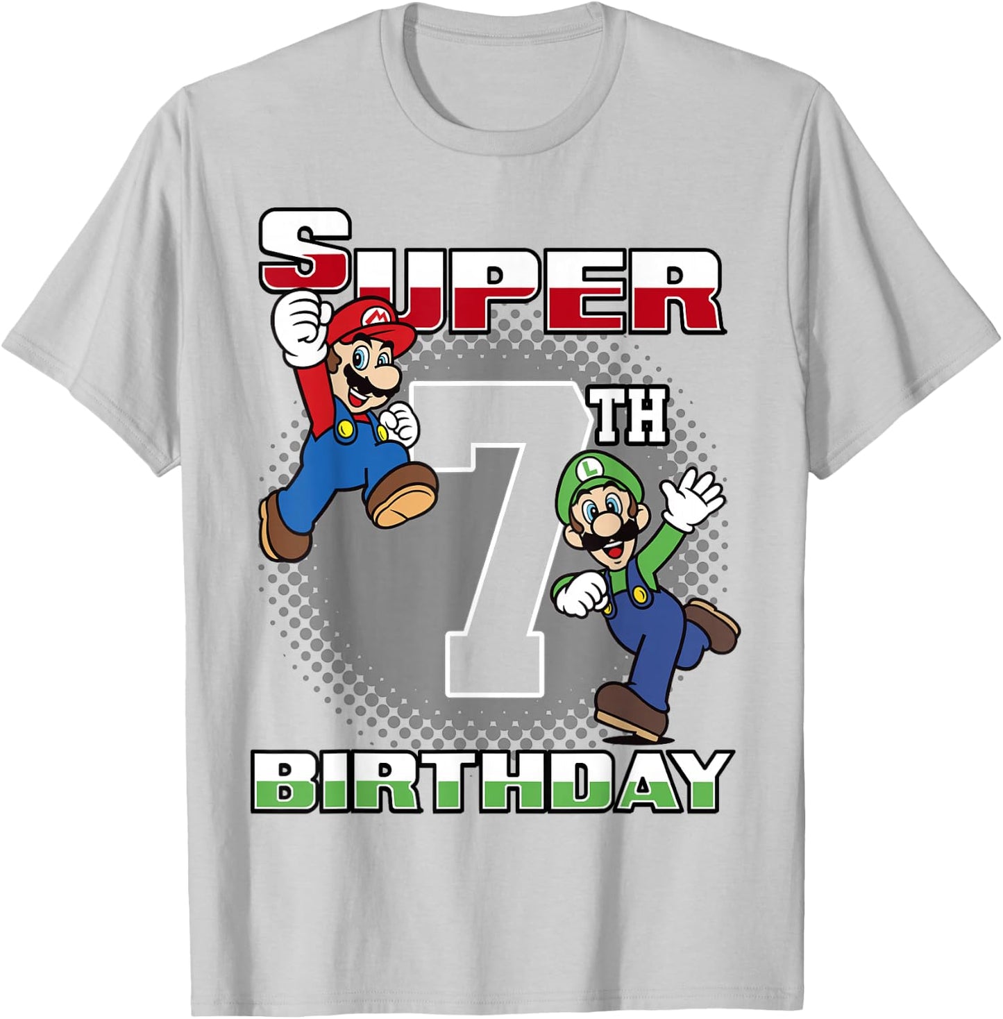 Super Mario And Luigi Super Birthday 7th Birthday Portrait T-Shirt - T-Shirt | Ash