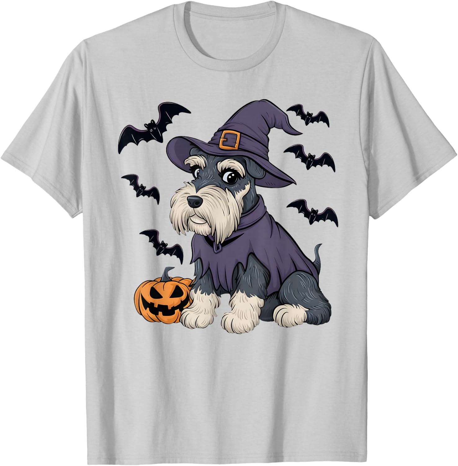 Schnauzer Dog Scary Pumpkin Bat Witch Schnauzer Halloween T-Shirt - T-Shirt | Ash