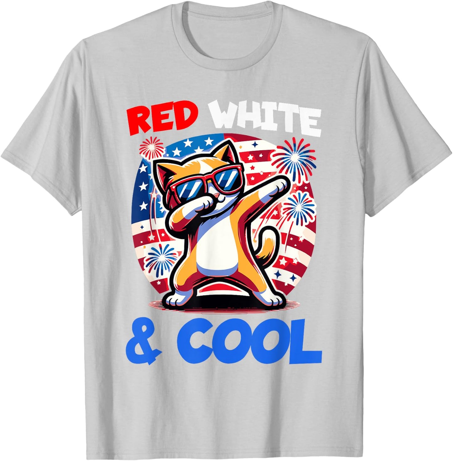 4th of July Red White & Cool Dabbing Kitty Cat Funny Graphic T-Shirt - T-Shirt | Ash